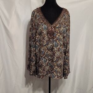 Metro Paisley V-Neck Blouse - Brown and Blue